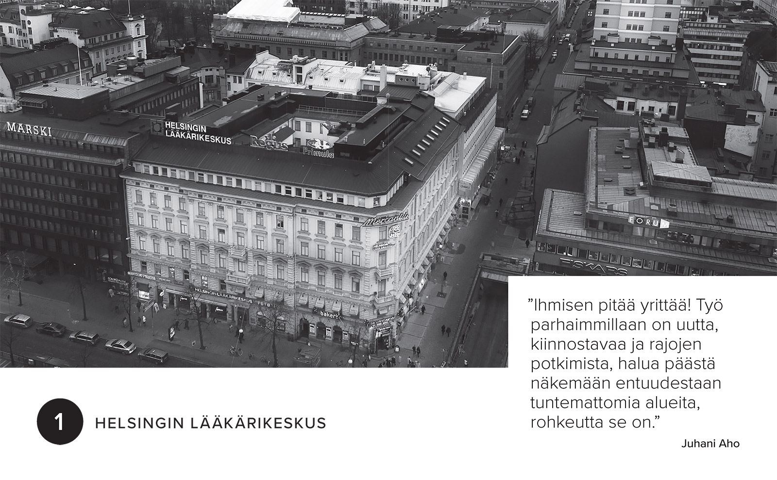 Aava 60 -kirjan aukeama, luku 1 Helsingin lääkärikeskus, ilmakuva lääkärikeskuksen talosta Helsingin keskustassa