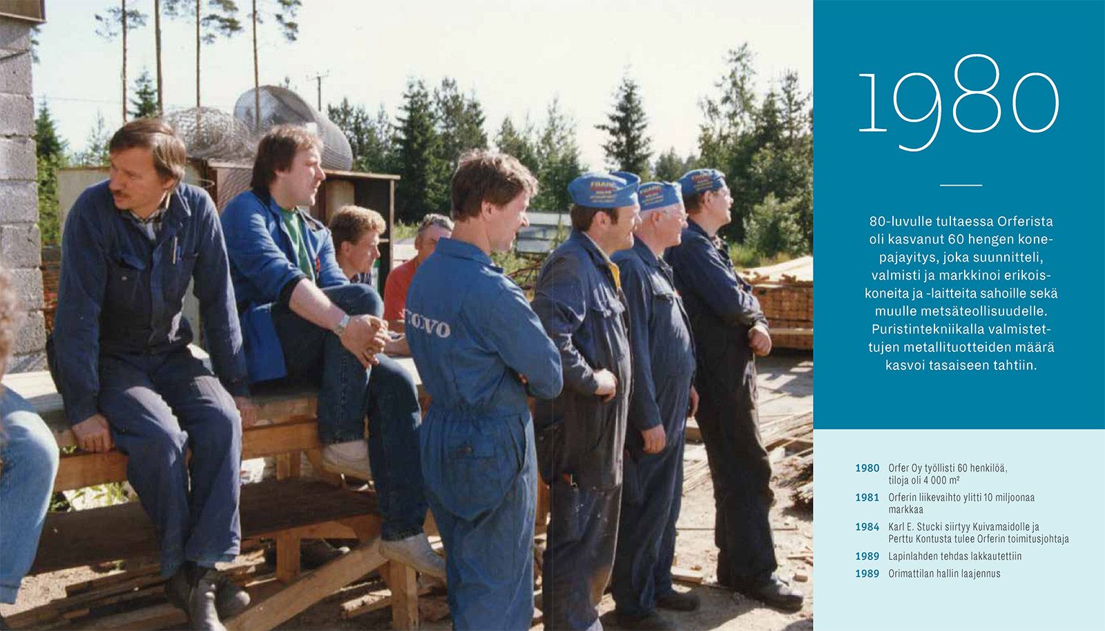 Aukeama 1980-luvusta, kuvassa Orferin työntekijöitä ja vuosien käännekohdat listattuna