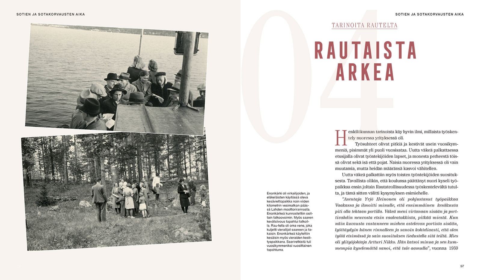 Raute 114 vuotta rautaista arkea -kirjan aukeama, luvun 4 avaus otsikolla Rautaista arkea